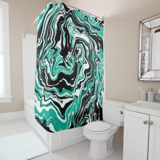 Turquoise, Black and White Swirls Marble like Douchegordijn (In situ)