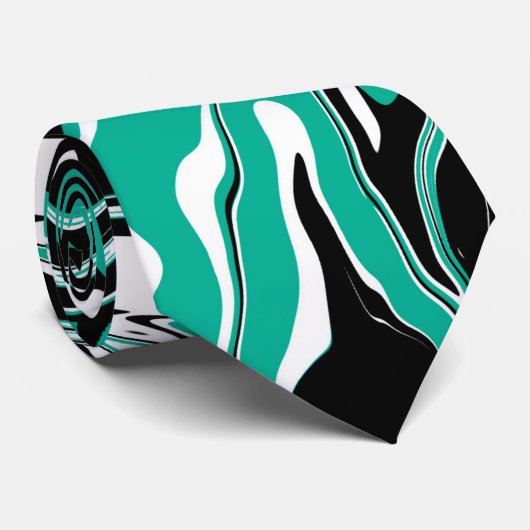 Turquoise, Black and White Swirls Marble like Stropdas (Opgerold)