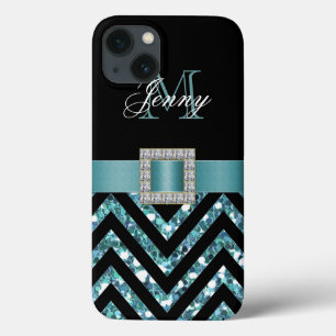 TURQUOISE BLACK CHEVRON GLITTER MEISJE Case-Mate iPhone CASE