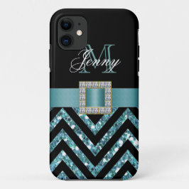 TURQUOISE BLACK CHEVRON GLITTER MEISJE Case-Mate iPhone CASE