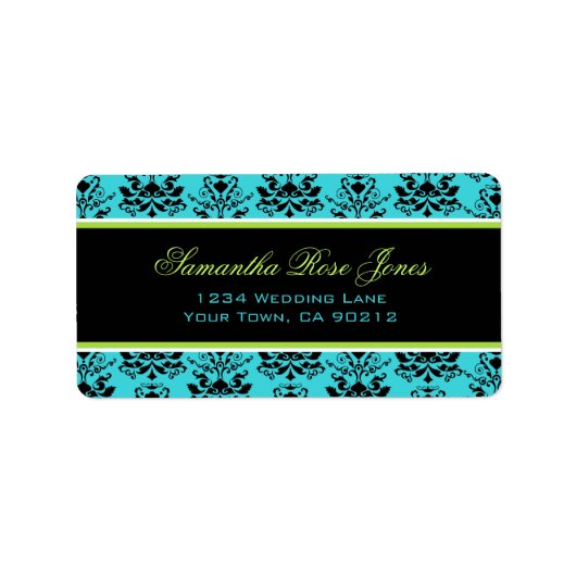 Turquoise & Black Damask Groen accentadres Etiket (Voorkant)