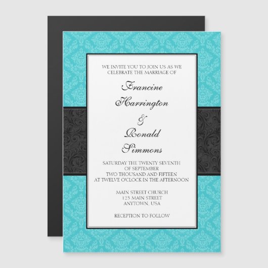 Turquoise Black Damask Magnetic Wedding Invites Magnetische Uitnodiging (Voorkant / Achterkant)