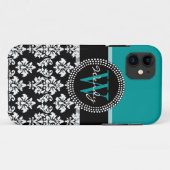 Turquoise, Black Damask Pattern Initiaal Name Case-Mate iPhone Case (Achterkant (horizontaal))