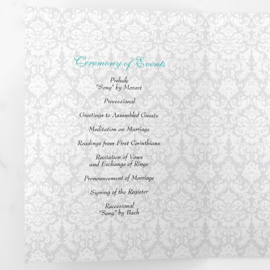 Turquoise Black Damask Tri-Fold Wedding Programma (Binnenzijde eerst)