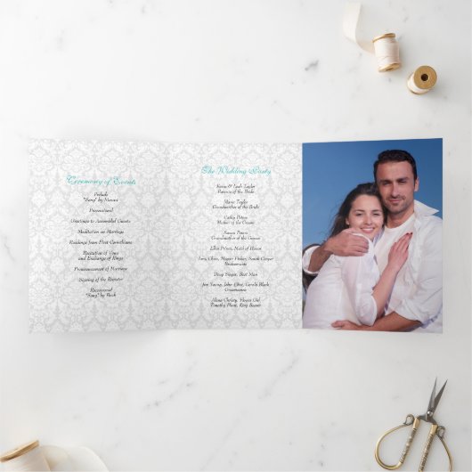 Turquoise Black Damask Tri-Fold Wedding Programma (Binnen)