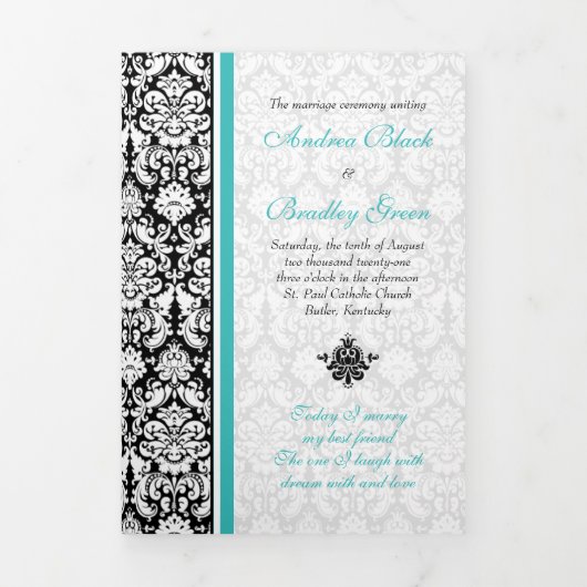 Turquoise Black Damask Tri-Fold Wedding Programma (Cover)