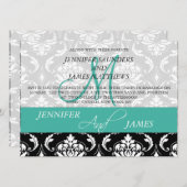 Turquoise Black Damask Wedding Invitation Monogram Kaart (Voorkant / Achterkant)