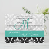 Turquoise Black Damask Wedding Invitation Monogram Kaart (Staand voorkant)
