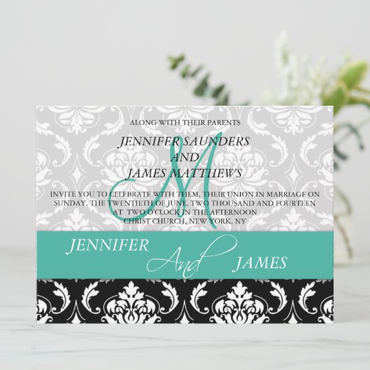Turquoise Black Damask Wedding Invitation Monogram Kaart (Staand voorkant)