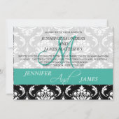 Turquoise Black Damask Wedding Invitation Monogram Kaart (Voorkant)