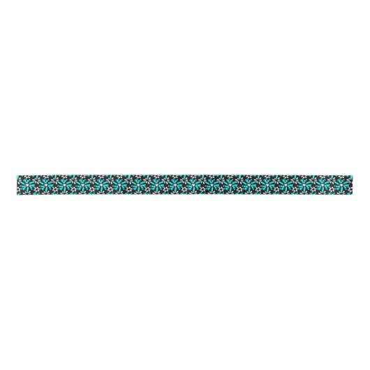  Turquoise Black en White Batik Flowers Satijnen Lint (Voorkant)