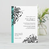 Turquoise & Black Flourish Wedding Invitations Kaart (Staand voorkant)
