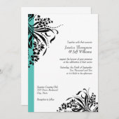 Turquoise & Black Flourish Wedding Invitations Kaart (Voorkant / Achterkant)
