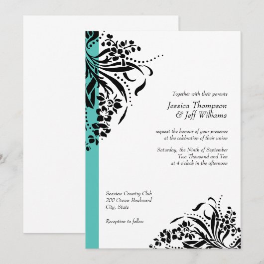 Turquoise & Black Flourish Wedding Invitations Kaart (Voorkant / Achterkant)