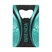 Turquoise & Black Geometric Design Damask Accent Creditkaart Flessenopener (Voorkant)