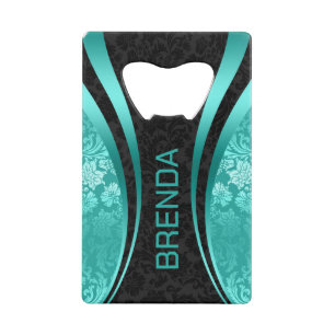 Turquoise & Black Geometric Design Damask Accent Creditkaart Flessenopener