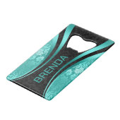 Turquoise & Black Geometric Design Damask Accent Creditkaart Flessenopener (Voorkant Gekanteld)