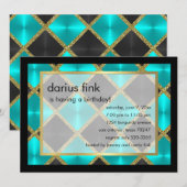 Turquoise Black Gold Birthday Party Invitation Kaart (Voorkant / Achterkant)
