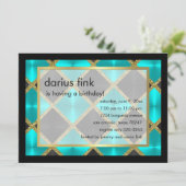 Turquoise Black Gold Birthday Party Invitation Kaart (Staand voorkant)