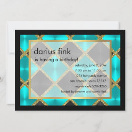 Turquoise Black Gold Birthday Party Invitation Kaart