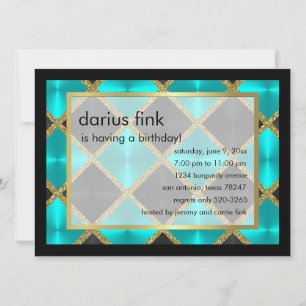Turquoise Black Gold Birthday Party Invitation Kaart