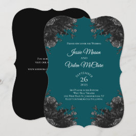 Turquoise Black Grey Rozen Gothic Elegant Wedding Kaart