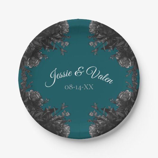 Turquoise Black Grey Rozen Gothic Wedding Papieren Bordje (Voorkant)