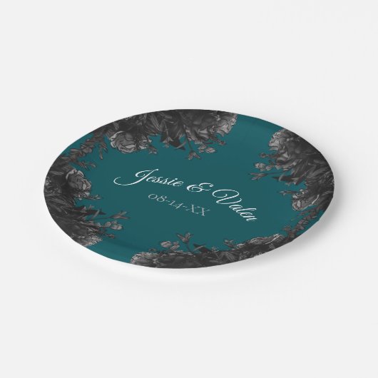 Turquoise Black Grey Rozen Gothic Wedding Papieren Bordje (Gekanteld)