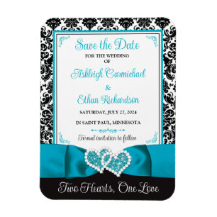 Turquoise, Black Love Hearts Bruiloft Save the Dat Magneet