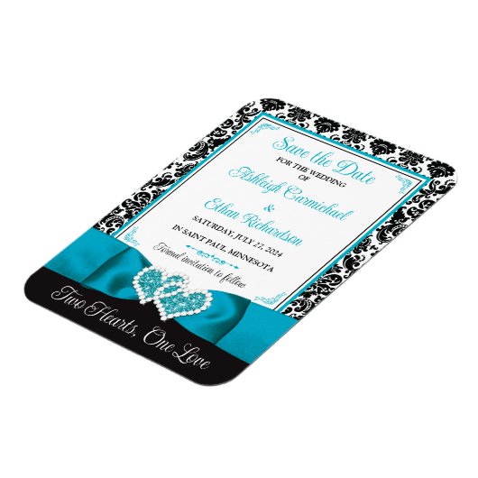 Turquoise, Black Love Hearts Bruiloft Save the Dat Magneet (Linkerzijde)