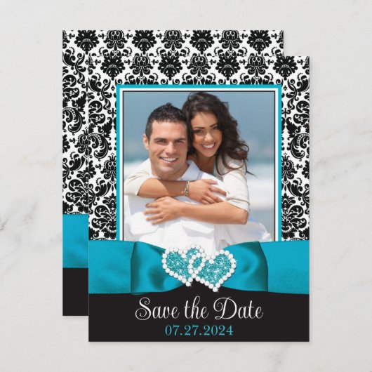 Turquoise, Black Love Hearts Foto de datum opslaan (Voorkant / Achterkant)