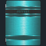 Turquoise & Black Metallic geborsteld aluminium lo iPad Cover<br><div class="desc">Zwart en turkooismetallisch ontwerp geborsteld aluminium uiterlijk patroon. Aangepast en optioneel monogram. Het ontwerp is beschikbaar voor andere producten en kan worden aangevraagd voor elk product dat we aanbieden op. Dit is geen metaal maar een afbeelding dat er metallisch uitziet.</div>