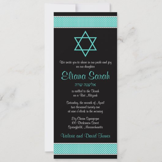 Turquoise Black Polka Dot Bat Mitzvah Uitnodiging (Voorkant)