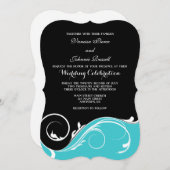 Turquoise Black Swirl Bracket Wedding Invites Kaart (Voorkant / Achterkant)