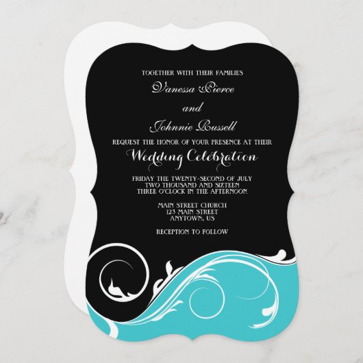 Turquoise Black Swirl Bracket Wedding Invites Kaart (Voorkant / Achterkant)