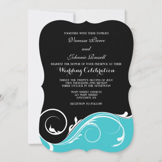 Turquoise Black Swirl Bracket Wedding Invites Kaart (Voorkant)