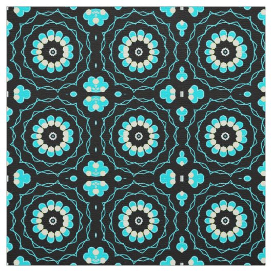 Turquoise & Black Trendy Floral Geometric Pattern Stof (Swatch)