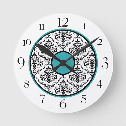 Turquoise Black & White Damask Elegant Ronde Klok (Voorkant)