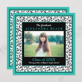Turquoise Black White Floral Photo Afstuderen Kaart (Voorkant / Achterkant)