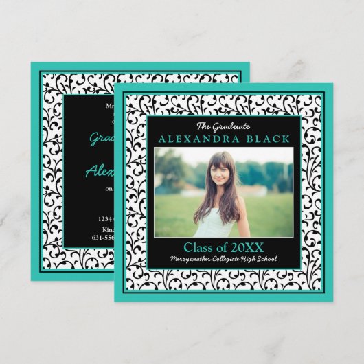 Turquoise Black White Floral Photo Afstuderen Kaart (Voorkant / Achterkant)