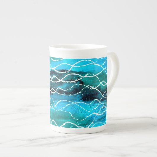 Turquoise, Black, White 'Waves' Bone China Mok (Voorkant rechts)