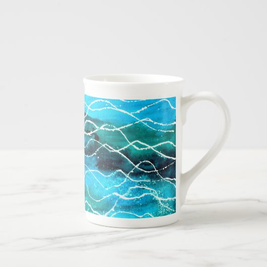 Turquoise, Black, White 'Waves' Bone China Mok (Rechts)
