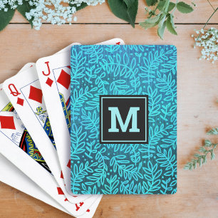 Turquoise blad patroon vet monogram type modern pokerkaarten