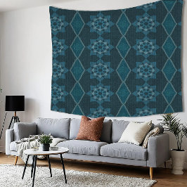 Turquoise Bladig Bloemmotief Achthoek en Diagonaal Wandkleed