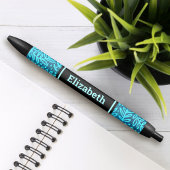 Turquoise bladpatroon aangepaste naam modern zwarte inkt pen