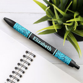 Turquoise bladpatroon aangepaste naam modern zwarte inkt pen