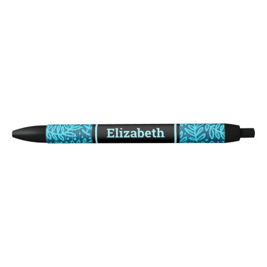 Turquoise bladpatroon aangepaste naam modern zwarte inkt pen (Voorkant)