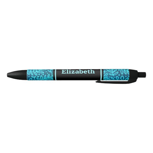 Turquoise bladpatroon aangepaste naam modern zwarte inkt pen (Bodem)