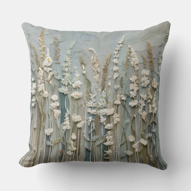 Turquoise Blau Beige Wit Wilde Bloem Kussen (Voorkant)