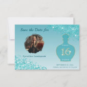 Turquoise Blau Glitter Paris Geur Studio Sweet 16 Save The Date (Voorkant)